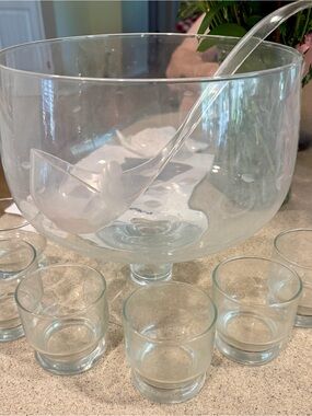 Vintage Princess House Etched Glass pedestal punch bowl & 12 etched tumblers